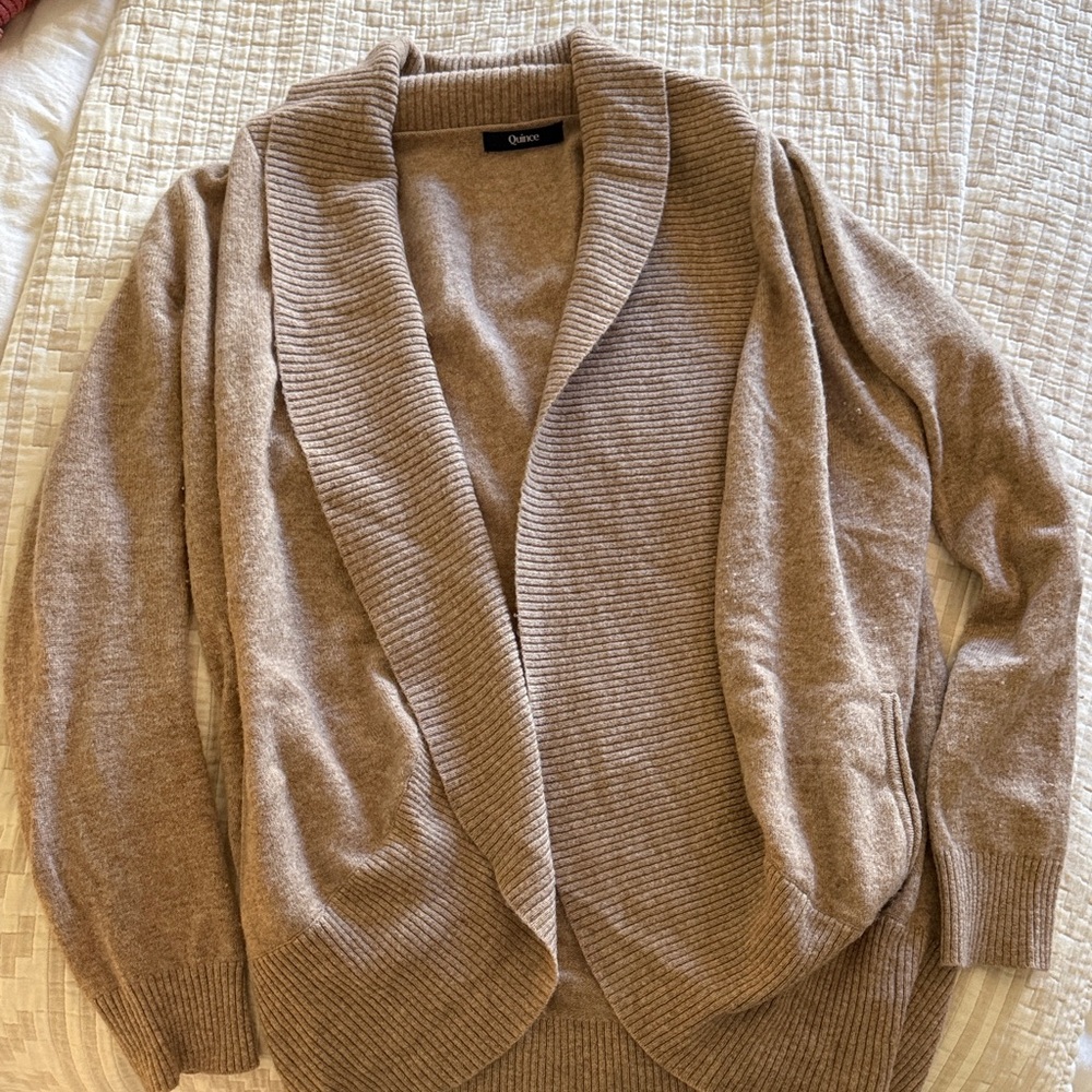 Quince cashmere Shawl Collar Open Cardigan Sweater - Taupe Brown, size medium